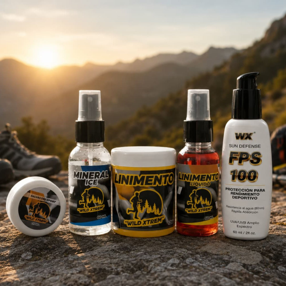 Kit Recuperación Deportiva Completo Wild Xtrem — Pomada Sulfatiazol, Mineral Ice Spray, Linimento Ungüento, Linimento Spray y Sun Defense FPS 100 para deportistas al aire libre