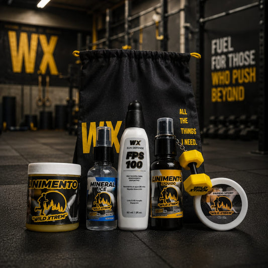 Kit Recuperación Deportiva Wild Xtrem — 5 productos: Mineral Ice Spray, Linimento Spray, Linimento Ungüento, Sun Defense SPF 100 y Pomada Sulfatiazol